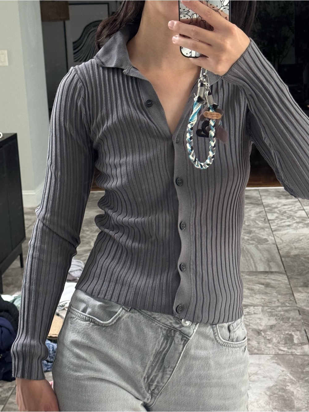 Zara Charcoal Ribbed Button-Up Cardigan